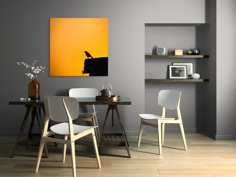Tablou Canvas, "Corbul la apus de soare", Siluetă, Apus, Cioară, Cer, Portocaliu, Contur, Umbra, Zbor, Liniște, Răscruce, 100 x 100 cm – poza 6