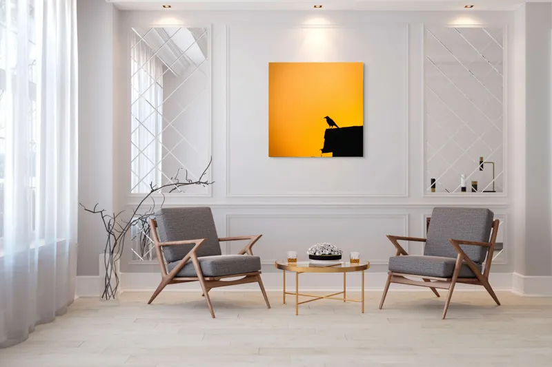 Tablou Canvas, "Corbul la apus de soare", Siluetă, Apus, Cioară, Cer, Portocaliu, Contur, Umbra, Zbor, Liniște, Răscruce, 100 x 100 cm – poza 7