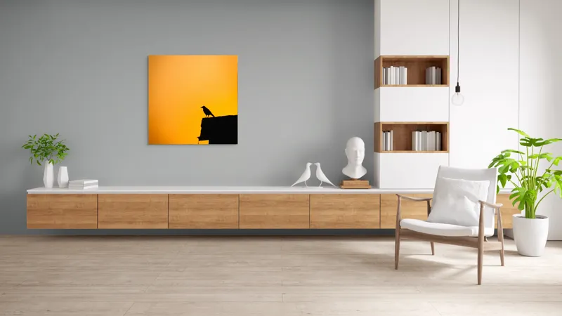 Tablou Canvas, "Corbul la apus de soare", Siluetă, Apus, Cioară, Cer, Portocaliu, Contur, Umbra, Zbor, Liniște, Răscruce, 100 x 100 cm – poza 8