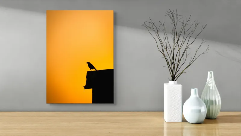 Tablou Canvas, "Corbul la apus de soare", Siluetă, Apus, Cioară, Cer, Portocaliu, Contur, Umbra, Zbor, Liniște, Răscruce, 39 x 54 cm – poza 4