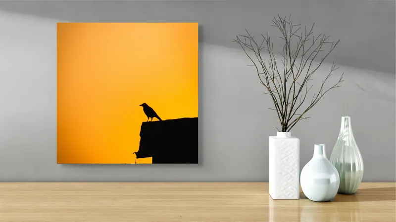 Tablou Canvas, "Corbul la apus de soare", Siluetă, Apus, Cioară, Cer, Portocaliu, Contur, Umbra, Zbor, Liniște, Răscruce, 50 x 50 cm – poza 3