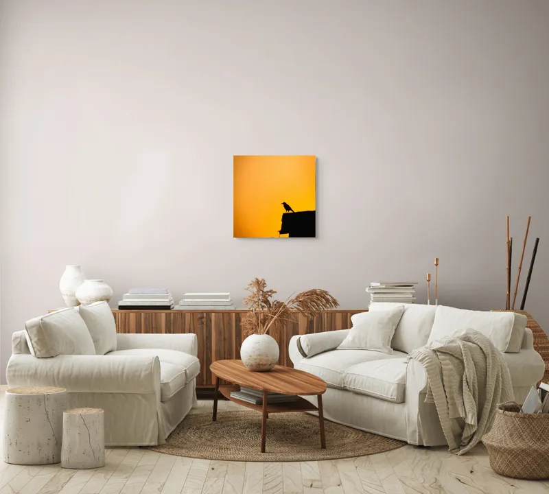 Tablou Canvas, "Corbul la apus de soare", Siluetă, Apus, Cioară, Cer, Portocaliu, Contur, Umbra, Zbor, Liniște, Răscruce, 50 x 50 cm – poza 7