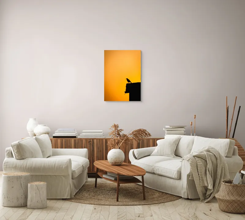Tablou Canvas, "Corbul la apus de soare", Siluetă, Apus, Cioară, Cer, Portocaliu, Contur, Umbra, Zbor, Liniște, Răscruce, 50 x 70 cm – poza 4