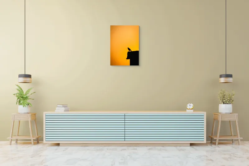 Tablou Canvas, "Corbul la apus de soare", Siluetă, Apus, Cioară, Cer, Portocaliu, Contur, Umbra, Zbor, Liniște, Răscruce, 50 x 70 cm – poza 6