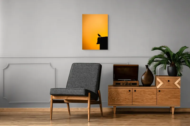 Tablou Canvas, "Corbul la apus de soare", Siluetă, Apus, Cioară, Cer, Portocaliu, Contur, Umbra, Zbor, Liniște, Răscruce, 50 x 70 cm – poza 8