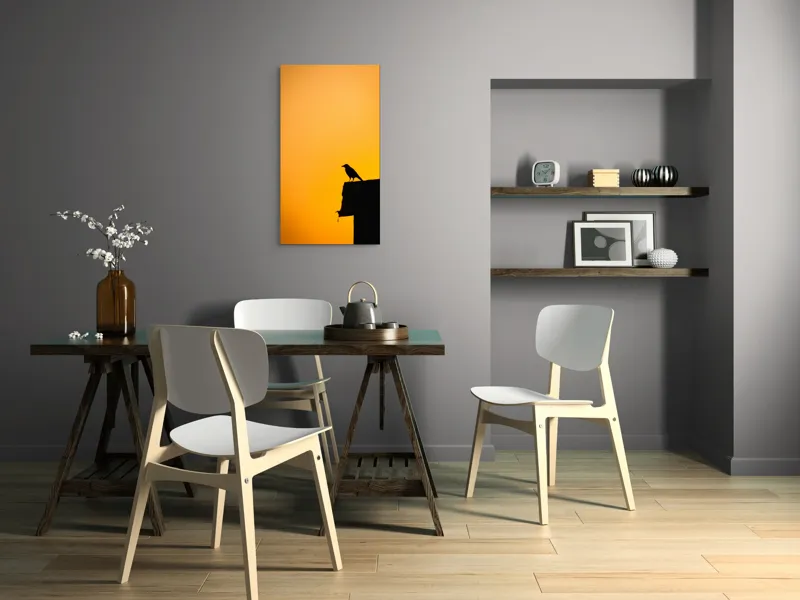 Tablou Canvas, "Corbul la apus de soare", Siluetă, Apus, Cioară, Cer, Portocaliu, Contur, Umbra, Zbor, Liniște, Răscruce, 50 x 90 cm – poza 4
