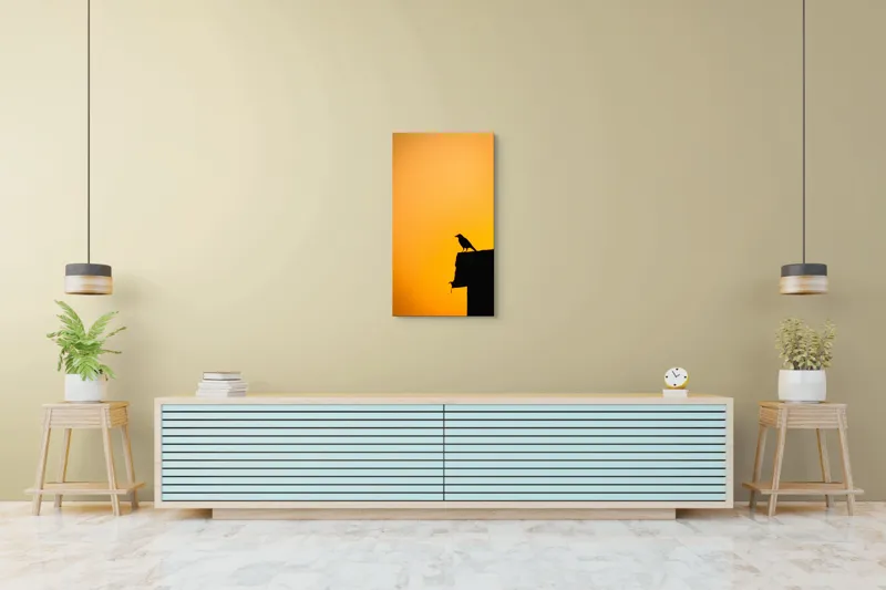 Tablou Canvas, "Corbul la apus de soare", Siluetă, Apus, Cioară, Cer, Portocaliu, Contur, Umbra, Zbor, Liniște, Răscruce, 50 x 90 cm – poza 6