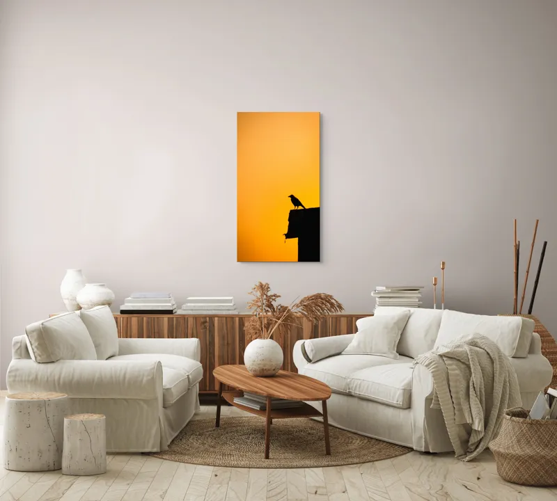 Tablou Canvas, "Corbul la apus de soare", Siluetă, Apus, Cioară, Cer, Portocaliu, Contur, Umbra, Zbor, Liniște, Răscruce, 50 x 90 cm – poza 7