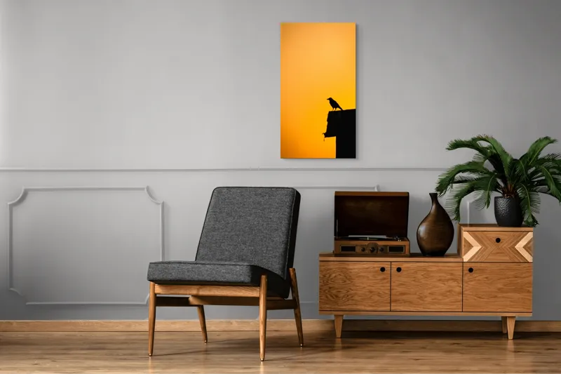 Tablou Canvas, "Corbul la apus de soare", Siluetă, Apus, Cioară, Cer, Portocaliu, Contur, Umbra, Zbor, Liniște, Răscruce, 50 x 90 cm – poza 8