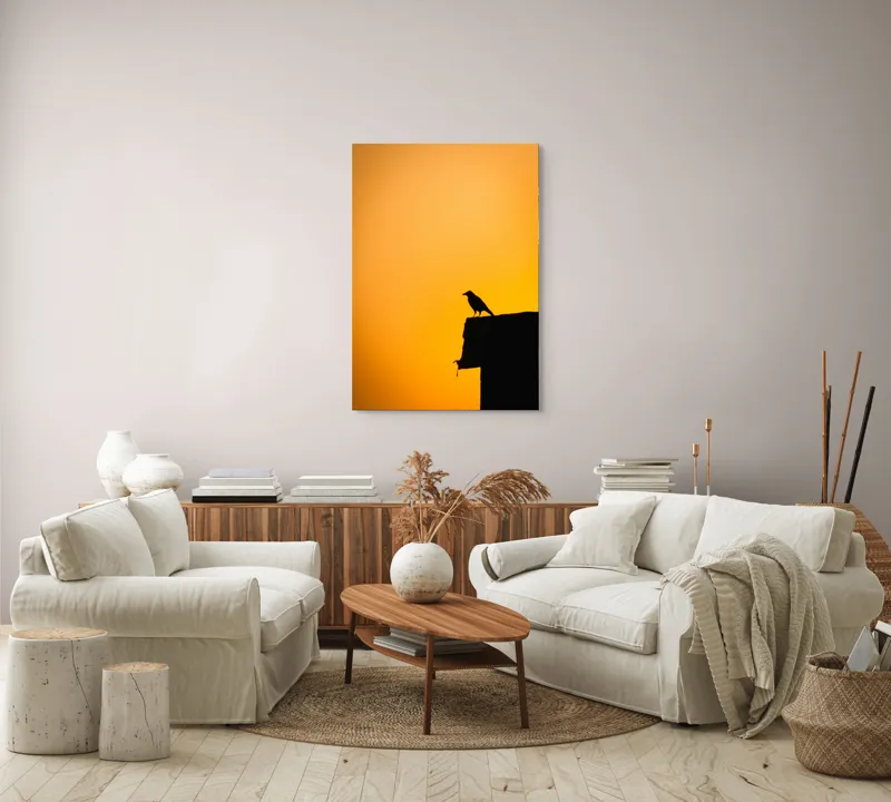 Tablou Canvas, "Corbul la apus de soare", Siluetă, Apus, Cioară, Cer, Portocaliu, Contur, Umbra, Zbor, Liniște, Răscruce, 70 x 100 cm – poza 4