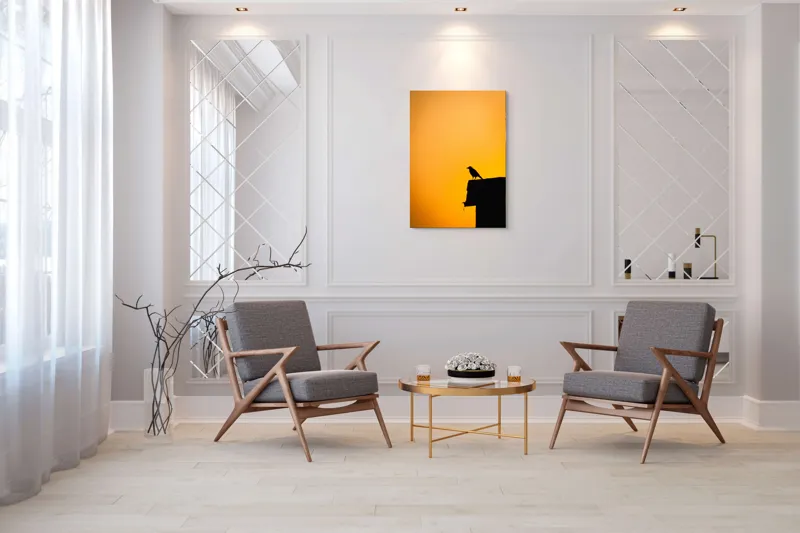 Tablou Canvas, "Corbul la apus de soare", Siluetă, Apus, Cioară, Cer, Portocaliu, Contur, Umbra, Zbor, Liniște, Răscruce, 70 x 100 cm – poza 8