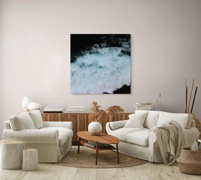Tablou Canvas, "Vâltoarea albastră a oceanului misterios", Vijelie, Spumă, Ocean, Albastru, Mișcare, Natură, Energie, Vitejie, Valuri, Intenție, 100 x 100 cm – poza 3