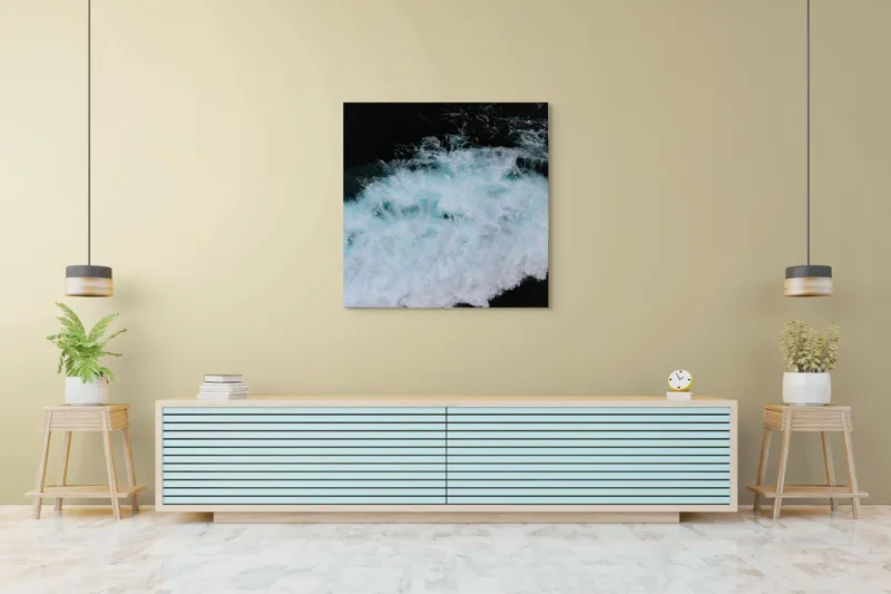 Tablou Canvas, "Vâltoarea albastră a oceanului misterios", Vijelie, Spumă, Ocean, Albastru, Mișcare, Natură, Energie, Vitejie, Valuri, Intenție, 100 x 100 cm – poza 5