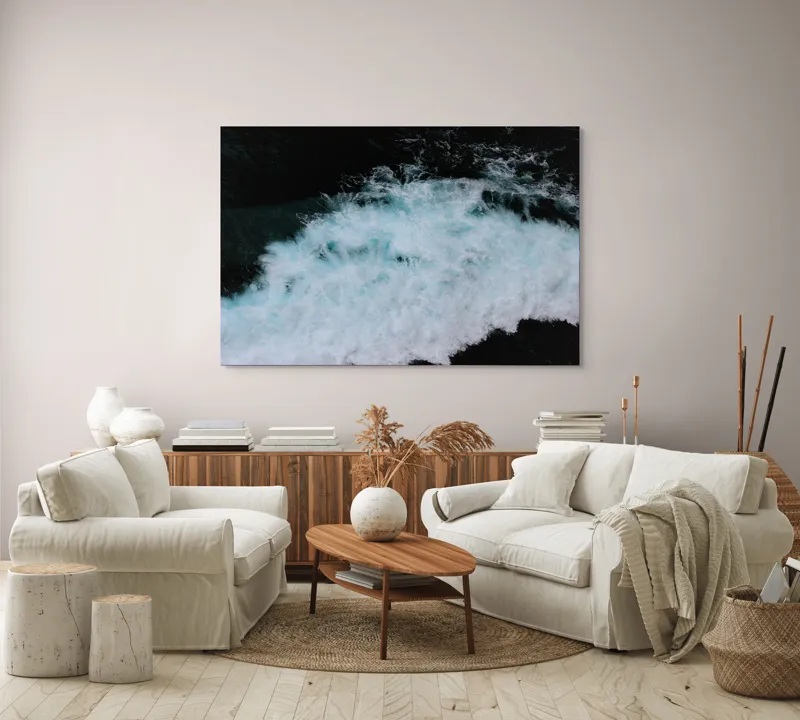 Tablou Canvas, "Vâltoarea albastră a oceanului misterios", Vijelie, Spumă, Ocean, Albastru, Mișcare, Natură, Energie, Vitejie, Valuri, Intenție, 150 x 100 cm – poza 3
