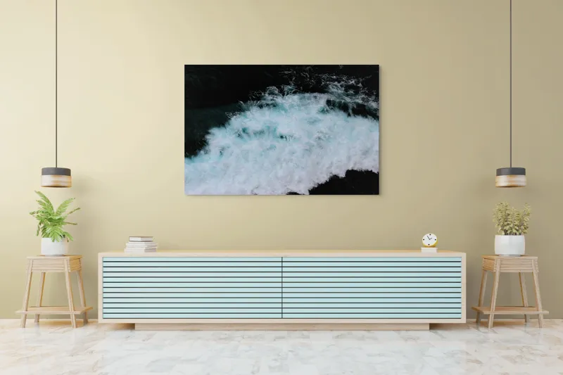 Tablou Canvas, "Vâltoarea albastră a oceanului misterios", Vijelie, Spumă, Ocean, Albastru, Mișcare, Natură, Energie, Vitejie, Valuri, Intenție, 150 x 100 cm – poza 6