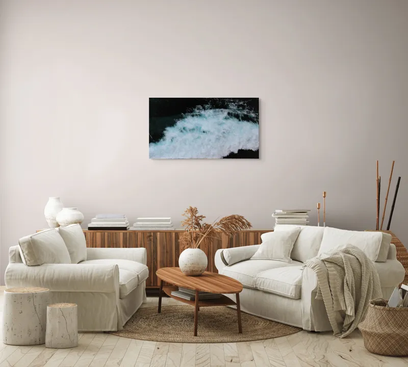 Tablou Canvas, "Vâltoarea albastră a oceanului misterios", Vijelie, Spumă, Ocean, Albastru, Mișcare, Natură, Energie, Vitejie, Valuri, Intenție, 90 x 50 cm – poza 4