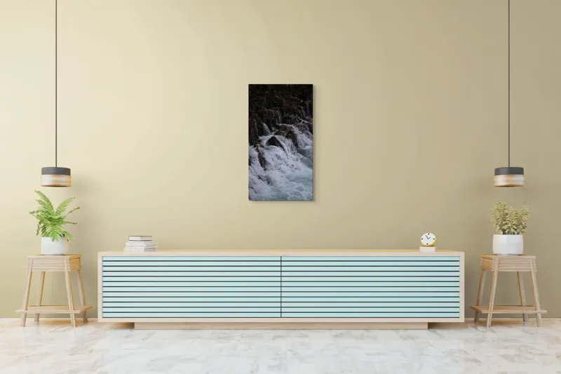 Tablou Canvas, "Cascada înspumată peste stânci abrupte", Cascadă, Piatră, Spumă, Apă, Natură, Forță, Curgere, Impact, Zgomot, Energie, 50 x 90 cm – poza 6