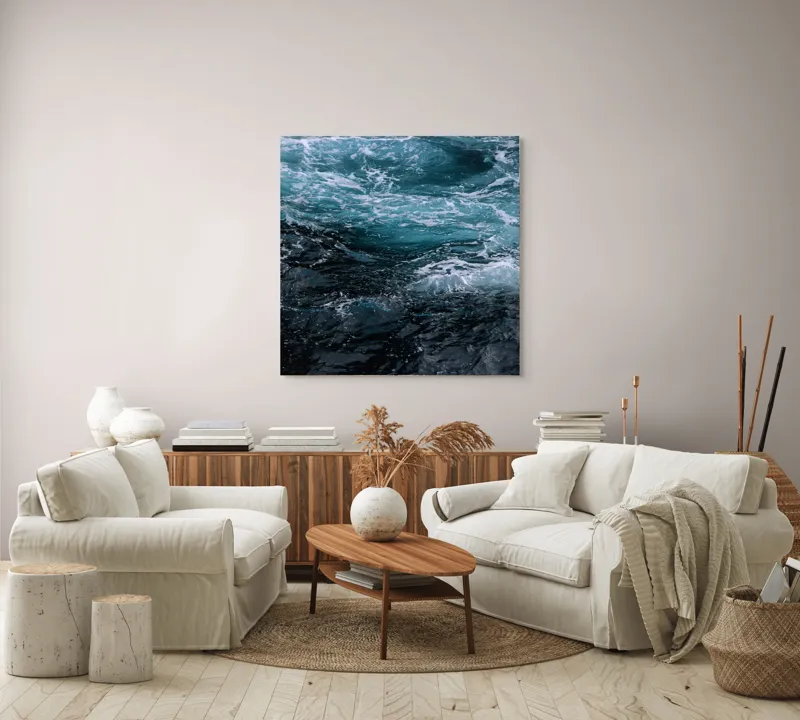 Tablou Canvas, "Valuri spumoase în întuneric marin", Vârtej, Apă, Albastru, Valuri, Spumă, Mișcare, Profund, Ocean, Energie, 100 x 100 cm – poza 3