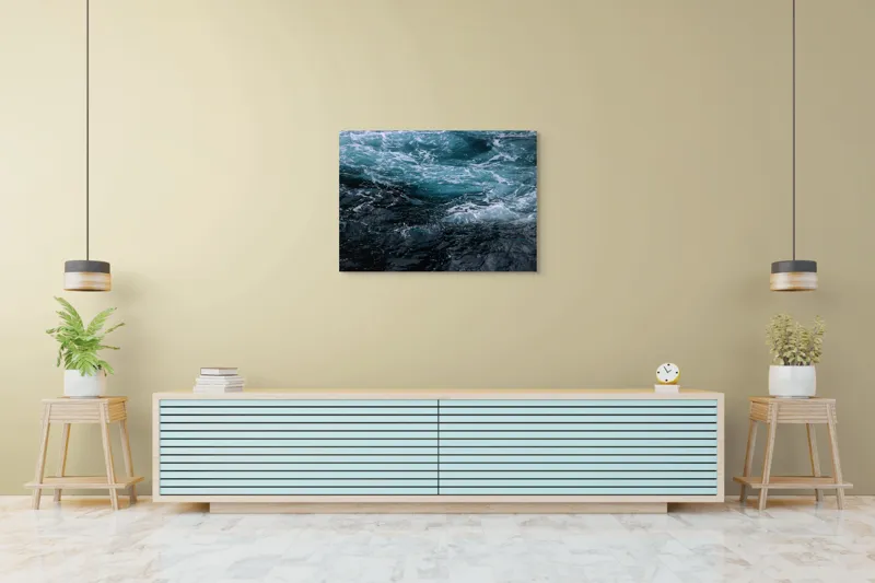 Tablou Canvas, "Valuri spumoase în întuneric marin", Vârtej, Apă, Albastru, Valuri, Spumă, Mișcare, Profund, Ocean, Energie, 100 x 70 cm – poza 4
