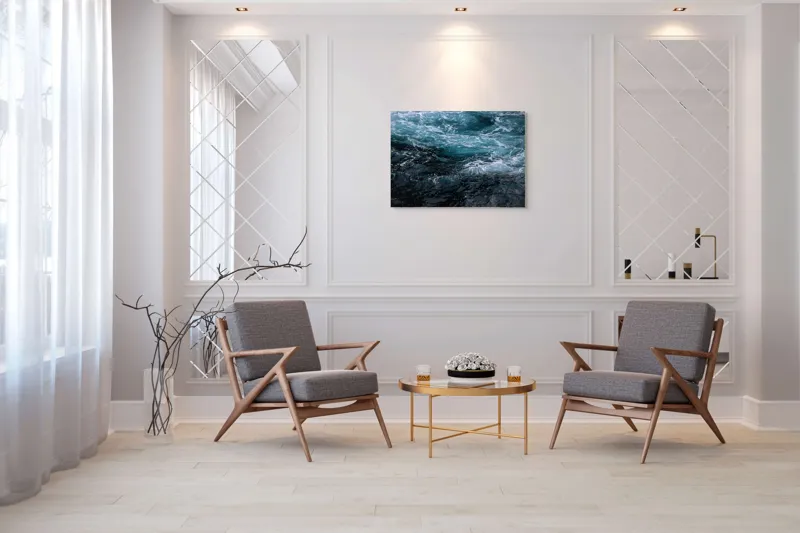 Tablou Canvas, "Valuri spumoase în întuneric marin", Vârtej, Apă, Albastru, Valuri, Spumă, Mișcare, Profund, Ocean, Energie, 100 x 70 cm – poza 5