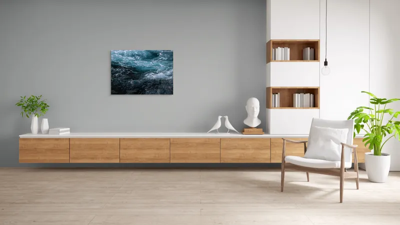 Tablou Canvas, "Valuri spumoase în întuneric marin", Vârtej, Apă, Albastru, Valuri, Spumă, Mișcare, Profund, Ocean, Energie, 100 x 70 cm – poza 6