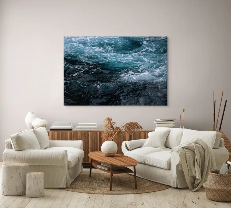 Tablou Canvas, "Valuri spumoase în întuneric marin", Vârtej, Apă, Albastru, Valuri, Spumă, Mișcare, Profund, Ocean, Energie, 150 x 100 cm – poza 3