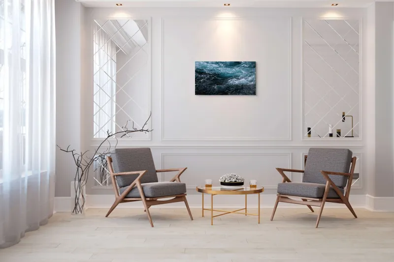 Tablou Canvas, "Valuri spumoase în întuneric marin", Vârtej, Apă, Albastru, Valuri, Spumă, Mișcare, Profund, Ocean, Energie, 90 x 50 cm – poza 7