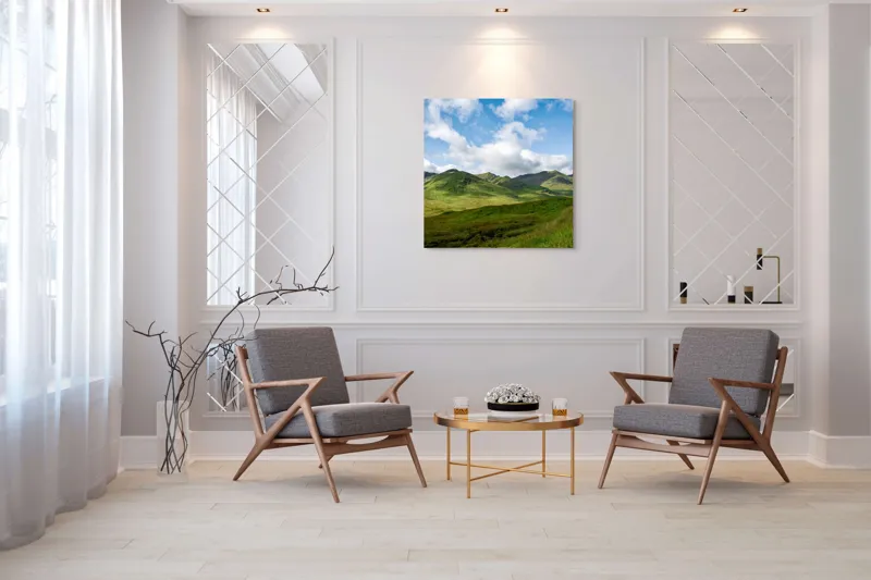 Tablou Canvas, "Văile verzi sub cer albastru", Nori, Munți, Verdeață, Cer, Natură, Peisaj, Frumusețe, Seninătate., 100 x 100 cm – poza 7