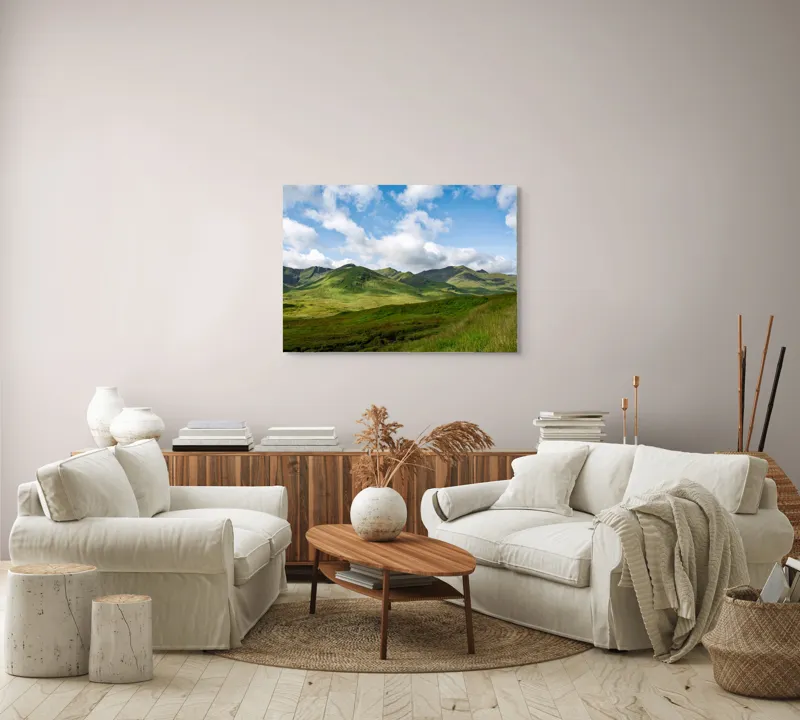 Tablou Canvas, "Văile verzi sub cer albastru", Nori, Munți, Verdeață, Cer, Natură, Peisaj, Frumusețe, Seninătate., 100 x 70 cm – poza 3