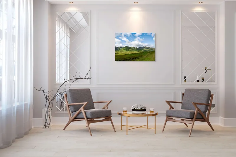 Tablou Canvas, "Văile verzi sub cer albastru", Nori, Munți, Verdeață, Cer, Natură, Peisaj, Frumusețe, Seninătate., 100 x 70 cm – poza 5