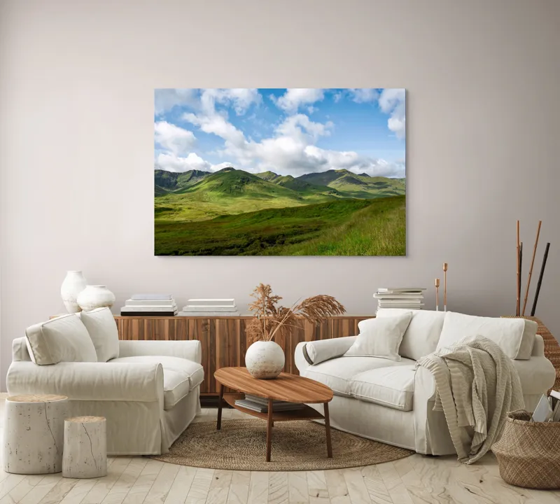 Tablou Canvas, "Văile verzi sub cer albastru", Nori, Munți, Verdeață, Cer, Natură, Peisaj, Frumusețe, Seninătate., 150 x 100 cm – poza 3