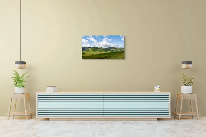 Tablou Canvas, "Văile verzi sub cer albastru", Nori, Munți, Verdeață, Cer, Natură, Peisaj, Frumusețe, Seninătate., 90 x 50 cm – poza 5