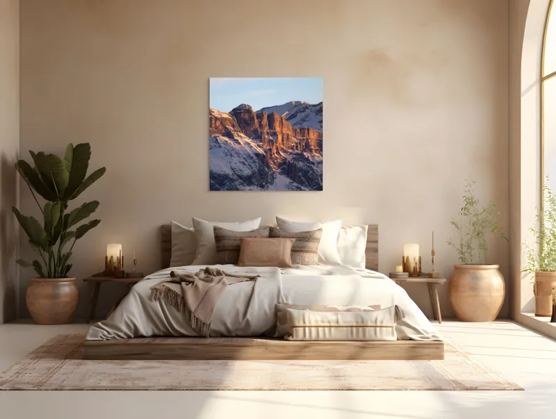 Tablou Canvas, "Munții scăldați în lumina apusului", Munți, Roci, Zăpadă, Apus, Lumină, Natură, Peisaj., 100 x 100 cm – poza 4