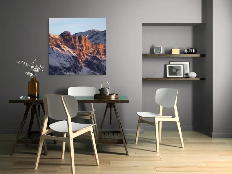 Tablou Canvas, "Munții scăldați în lumina apusului", Munți, Roci, Zăpadă, Apus, Lumină, Natură, Peisaj., 100 x 100 cm – poza 6