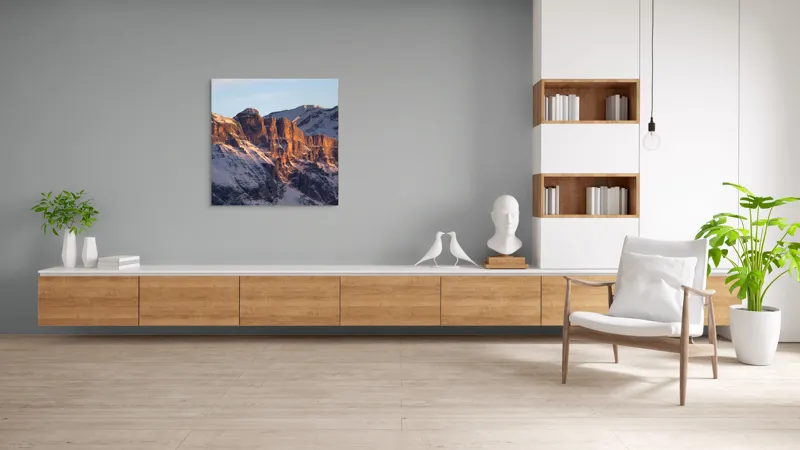 Tablou Canvas, "Munții scăldați în lumina apusului", Munți, Roci, Zăpadă, Apus, Lumină, Natură, Peisaj., 100 x 100 cm – poza 8