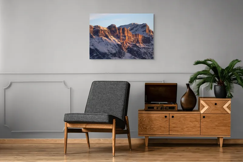 Tablou Canvas, "Munții scăldați în lumina apusului", Munți, Roci, Zăpadă, Apus, Lumină, Natură, Peisaj., 100 x 70 cm – poza 8