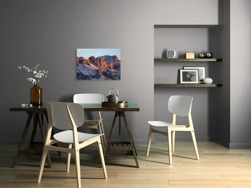 Tablou Canvas, "Munții scăldați în lumina apusului", Munți, Roci, Zăpadă, Apus, Lumină, Natură, Peisaj., 70 x 50 cm – poza 5