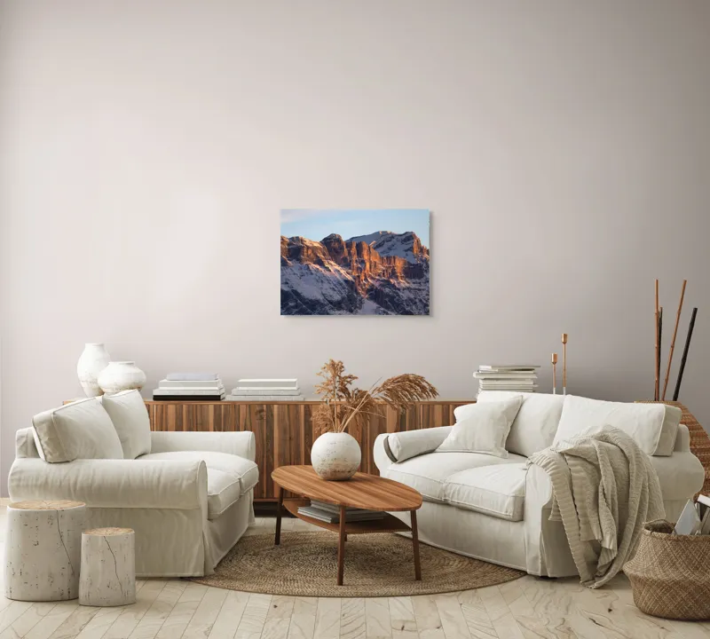 Tablou Canvas, "Munții scăldați în lumina apusului", Munți, Roci, Zăpadă, Apus, Lumină, Natură, Peisaj., 70 x 50 cm – poza 6