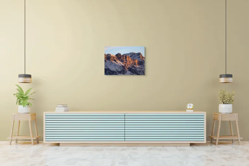 Tablou Canvas, "Munții scăldați în lumina apusului", Munți, Roci, Zăpadă, Apus, Lumină, Natură, Peisaj., 70 x 50 cm – poza 7