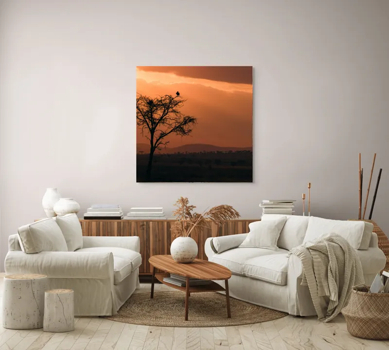 Tablou Canvas, "Un vultur la apus în savană", Apus, Copac, Pasăre, Siluetă, Serengeti, Cer, Peisaj, Natură, Culoare, Lumină, 100 x 100 cm – poza 3