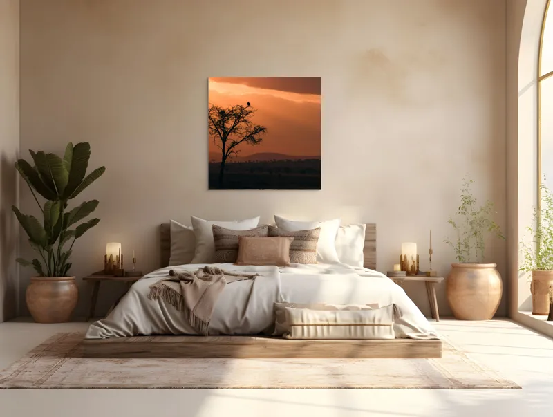 Tablou Canvas, "Un vultur la apus în savană", Apus, Copac, Pasăre, Siluetă, Serengeti, Cer, Peisaj, Natură, Culoare, Lumină, 100 x 100 cm – poza 4