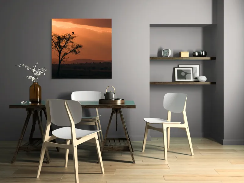 Tablou Canvas, "Un vultur la apus în savană", Apus, Copac, Pasăre, Siluetă, Serengeti, Cer, Peisaj, Natură, Culoare, Lumină, 100 x 100 cm – poza 6