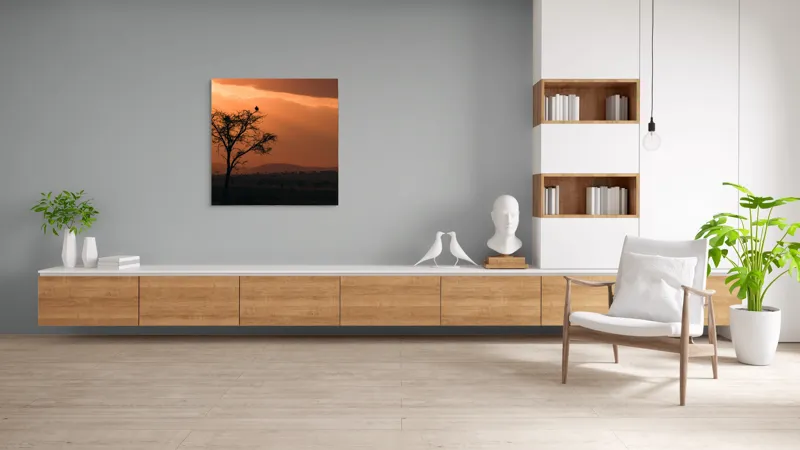 Tablou Canvas, "Un vultur la apus în savană", Apus, Copac, Pasăre, Siluetă, Serengeti, Cer, Peisaj, Natură, Culoare, Lumină, 100 x 100 cm – poza 8