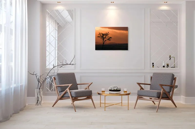 Tablou Canvas, "Un vultur la apus în savană", Apus, Copac, Pasăre, Siluetă, Serengeti, Cer, Peisaj, Natură, Culoare, Lumină, 100 x 70 cm – poza 5