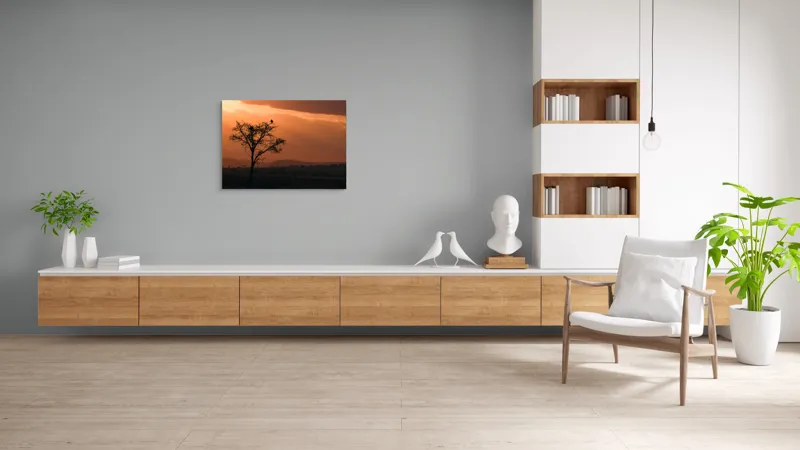 Tablou Canvas, "Un vultur la apus în savană", Apus, Copac, Pasăre, Siluetă, Serengeti, Cer, Peisaj, Natură, Culoare, Lumină, 100 x 70 cm – poza 6