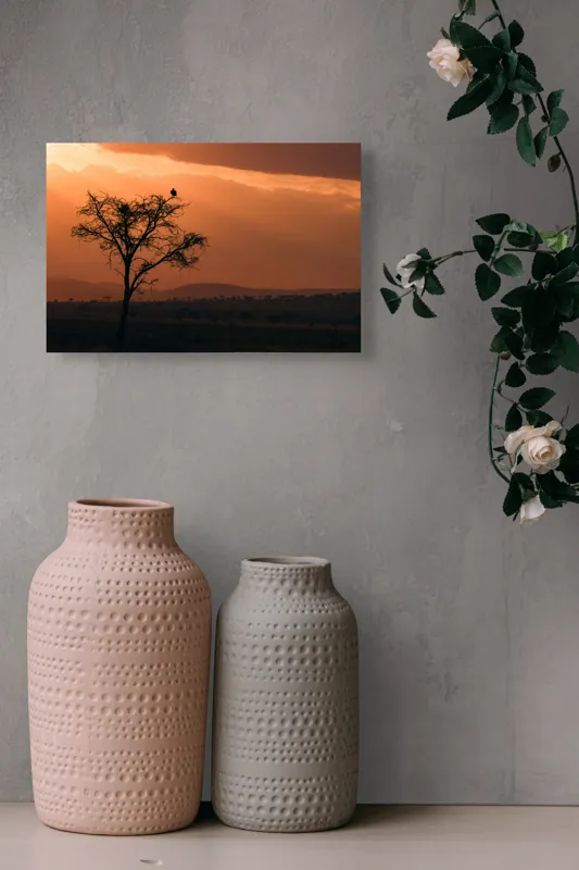 Tablou Canvas, "Un vultur la apus în savană", Apus, Copac, Pasăre, Siluetă, Serengeti, Cer, Peisaj, Natură, Culoare, Lumină, 39 x 26 cm – poza 4