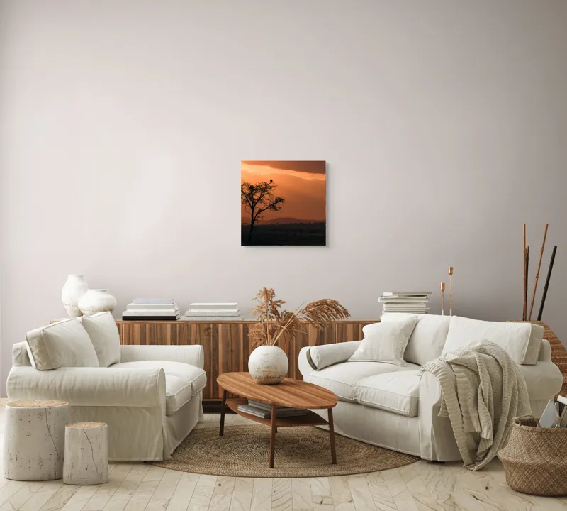 Tablou Canvas, "Un vultur la apus în savană", Apus, Copac, Pasăre, Siluetă, Serengeti, Cer, Peisaj, Natură, Culoare, Lumină, 50 x 50 cm – poza 7