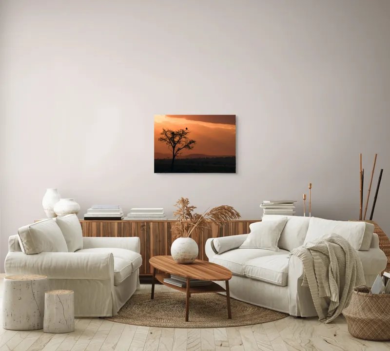 Tablou Canvas, "Un vultur la apus în savană", Apus, Copac, Pasăre, Siluetă, Serengeti, Cer, Peisaj, Natură, Culoare, Lumină, 70 x 50 cm – poza 6