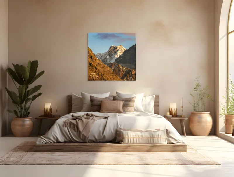 Tablou Canvas, "Vârfuri de munte în lumină aurie", Munți, Zăpadă, Răsărit, Forme, Stânci, Cer, Natură, 100 x 100 cm – poza 4