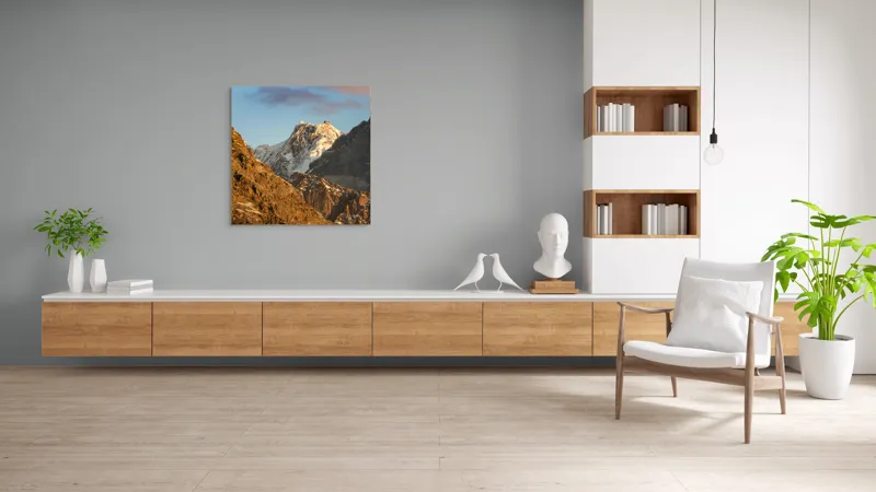 Tablou Canvas, "Vârfuri de munte în lumină aurie", Munți, Zăpadă, Răsărit, Forme, Stânci, Cer, Natură, 100 x 100 cm – poza 8
